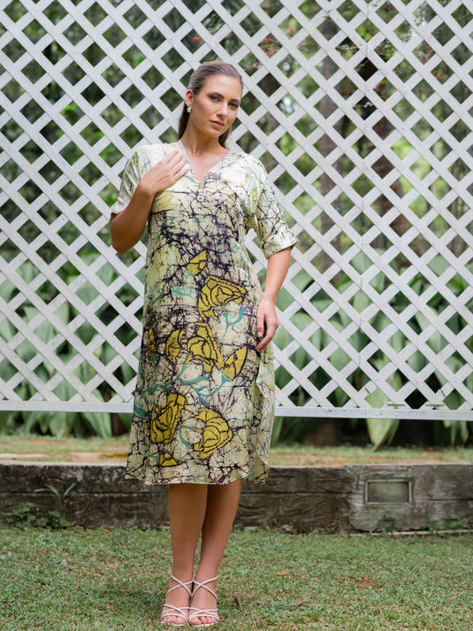 V-neck batik midi dress