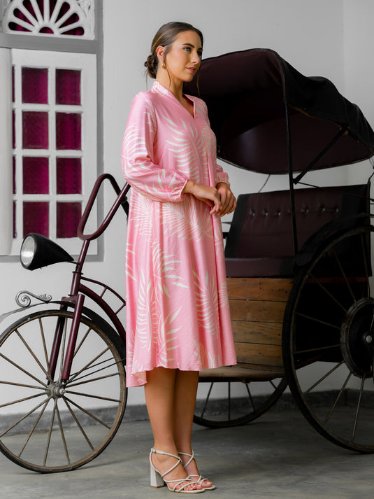 Long sleve V neck printed dress