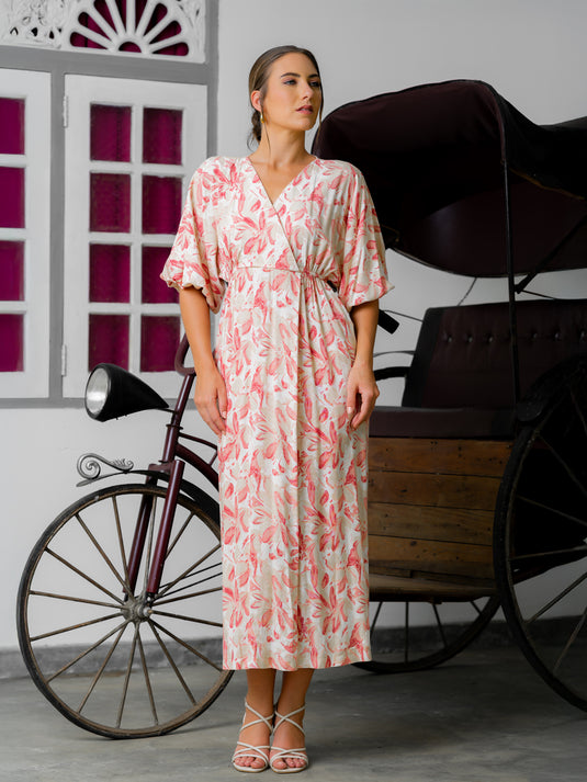 Printed midi dress with kimono sleeve