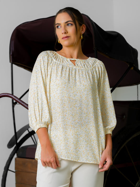 Shirring detailed printed blouse