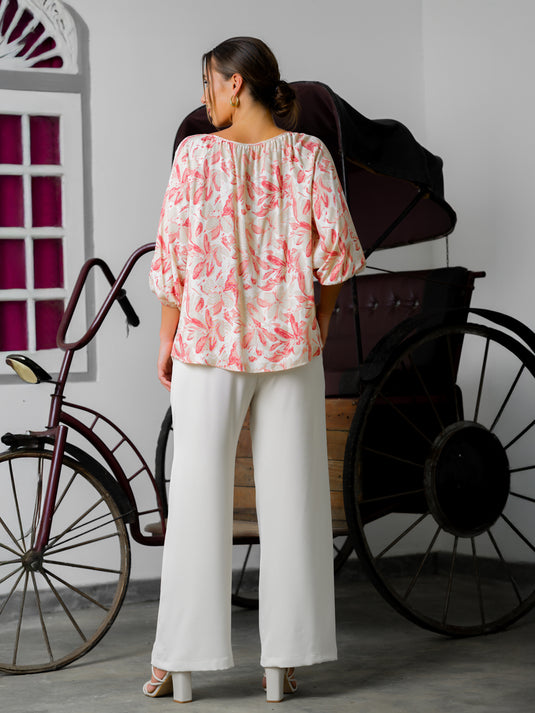 Printed round neck blouse with shirring