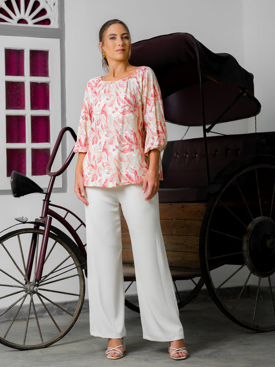 Printed round neck blouse with shirring