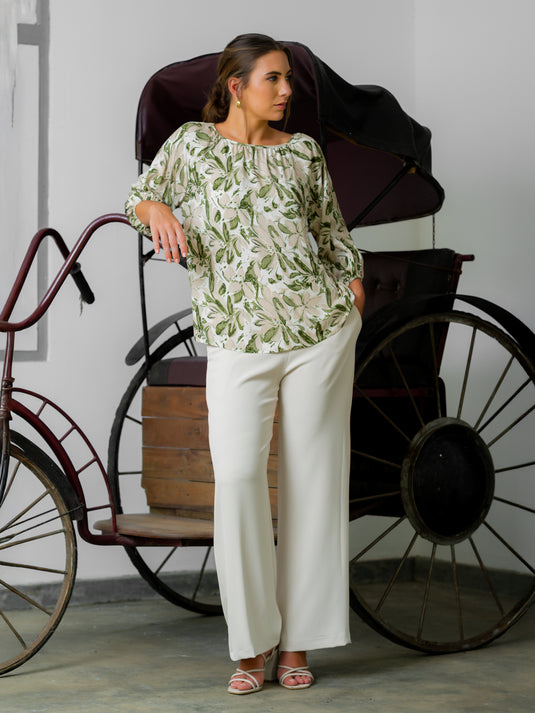 Printed round neck blouse with shirring