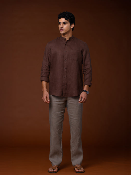Linen Manderin Collar Long Sleeve Shirt