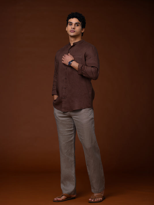 Linen Manderin Collar Long Sleeve Shirt