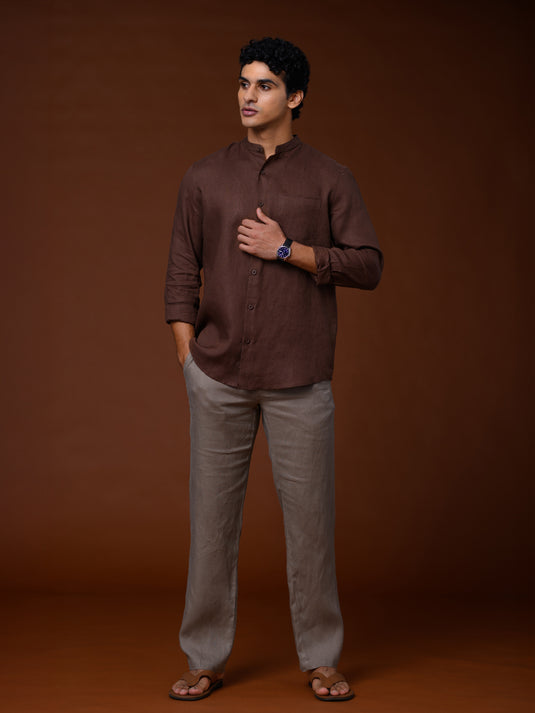 Linen Manderin Collar Long Sleeve Shirt