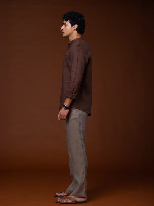 Linen Manderin Collar Long Sleeve Shirt