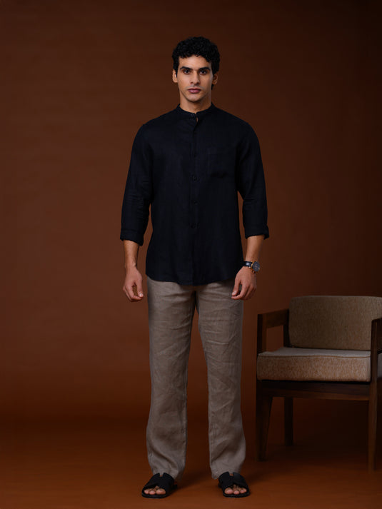 Linen Manderin Collar Long Sleeve Shirt