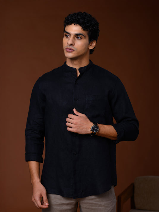 Linen Manderin Collar Long Sleeve Shirt