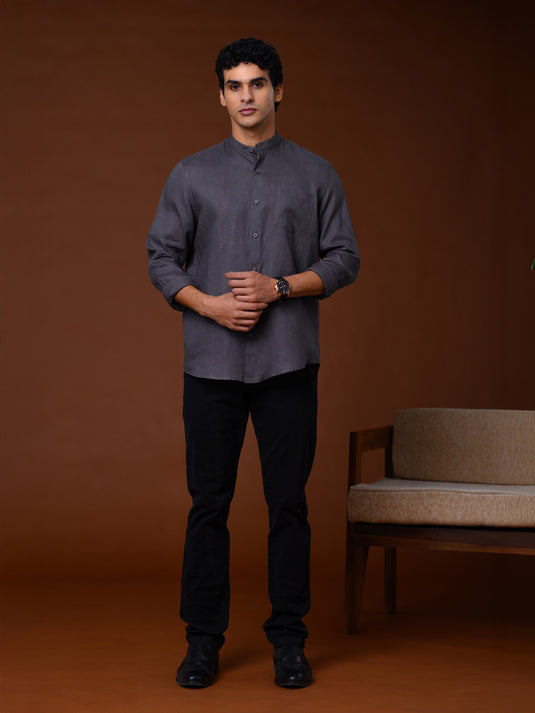 Linen Manderin Collar Long Sleeve Shirt