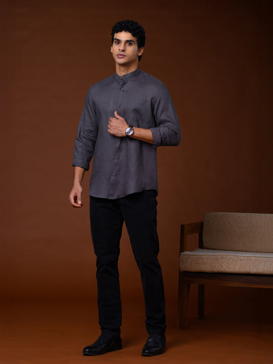 Linen Manderin Collar Long Sleeve Shirt