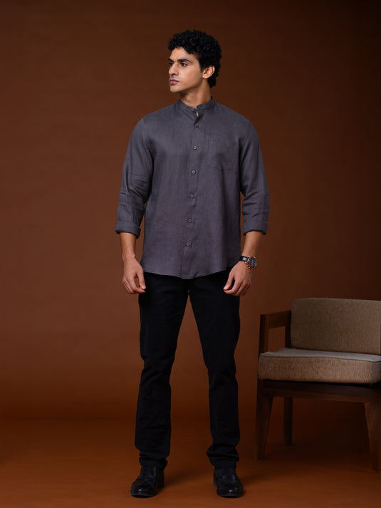 Linen Manderin Collar Long Sleeve Shirt