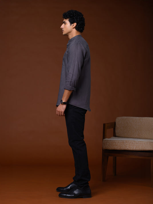 Linen Manderin Collar Long Sleeve Shirt