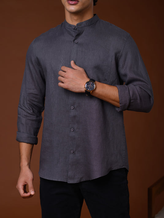 Linen Manderin Collar Long Sleeve Shirt