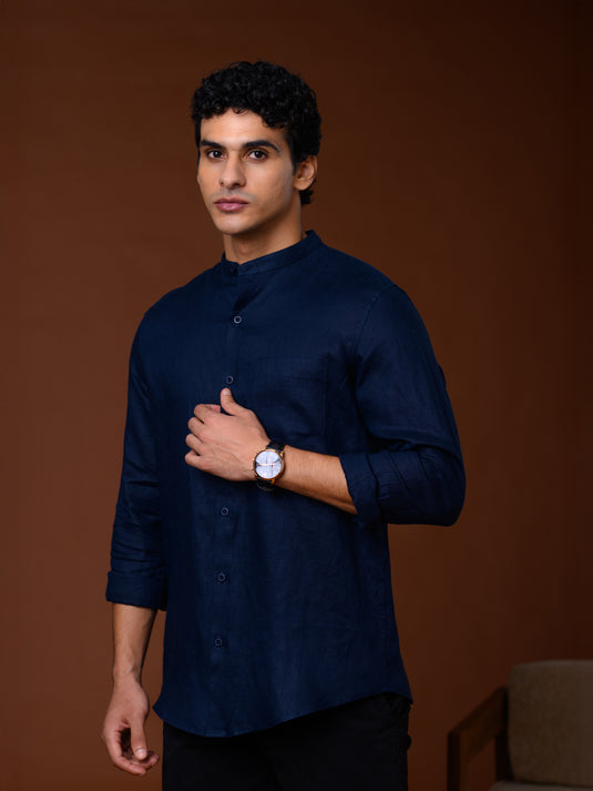 Linen Manderin Collar Long Sleeve Shirt