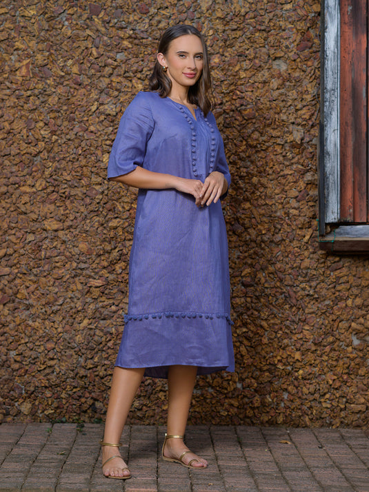 Pom pom lace detailed premium linen midi dress