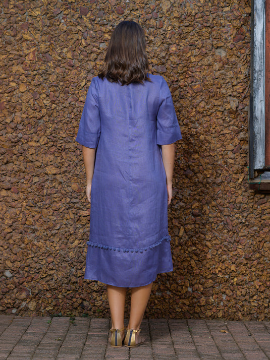 Pom pom lace detailed premium linen midi dress