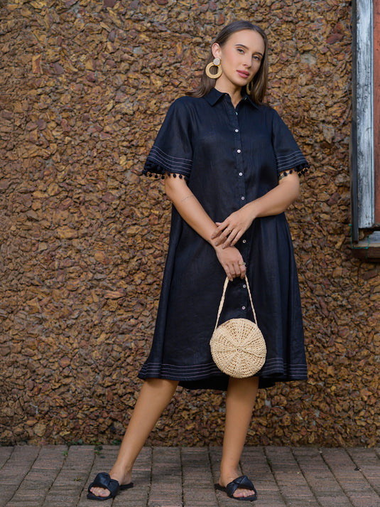 Contrast stitch detailed premium linen dress with pom pom lace