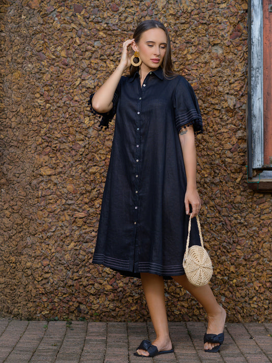Contrast stitch detailed premium linen dress with pom pom lace