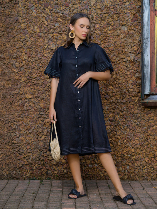 Contrast stitch detailed premium linen dress with pom pom lace
