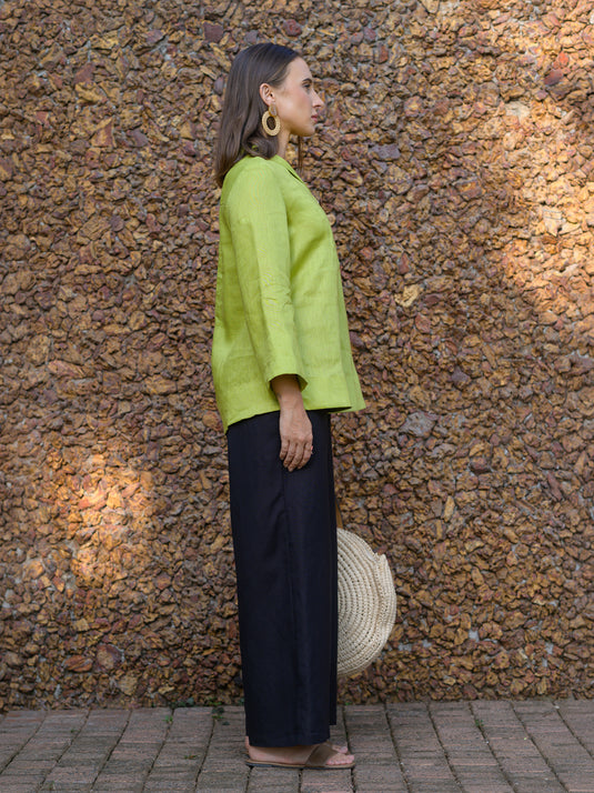 Long sleeve premium linen blouse with yoke