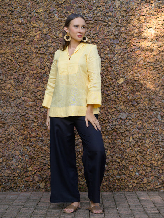 Long sleeve premium linen blouse with yoke