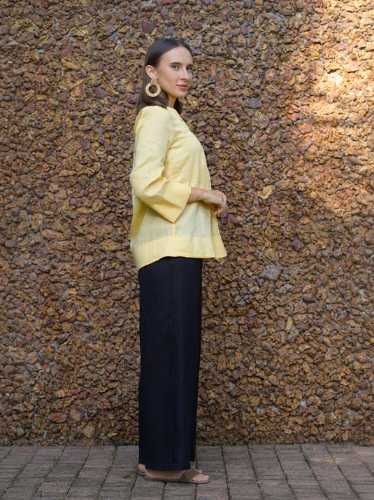 Long sleeve premium linen blouse with yoke