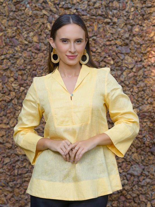 Long sleeve premium linen blouse with yoke