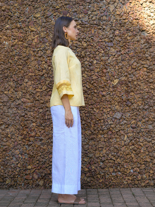 Button down premium linen blouse with lace & pin tuck details