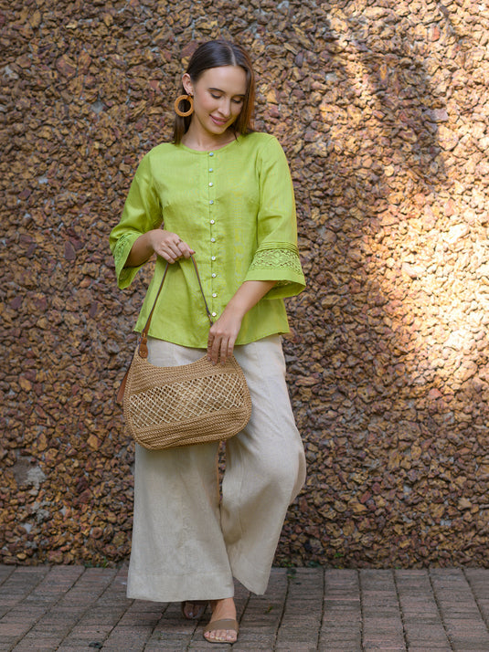 Button down premium linen blouse with lace & pin tuck details