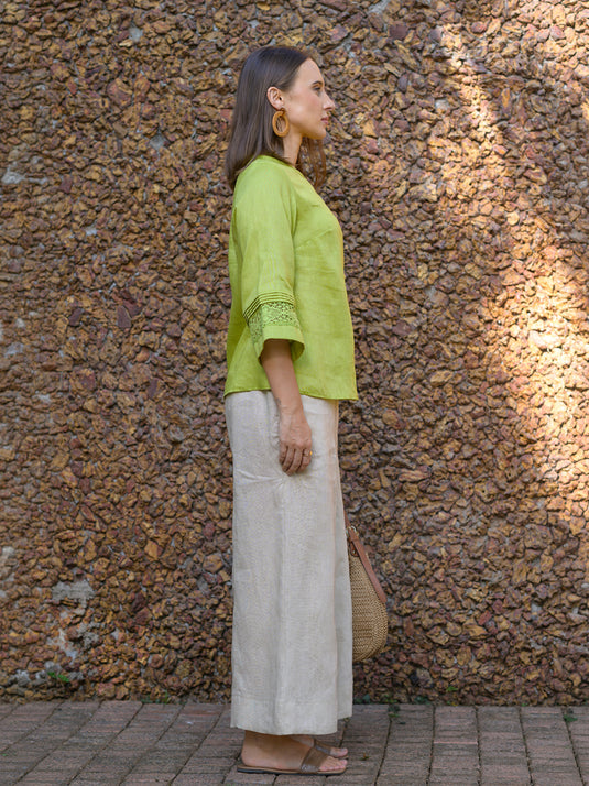 Button down premium linen blouse with lace & pin tuck details