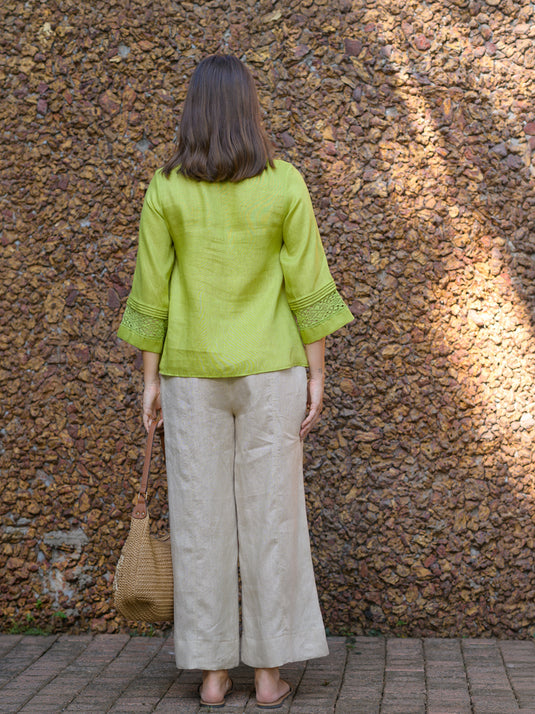 Button down premium linen blouse with lace & pin tuck details