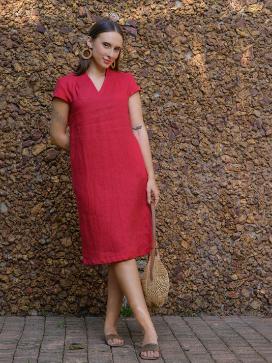 V neck premium linen dress with cap sleeves