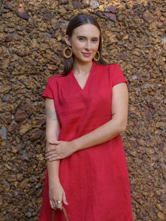 V neck premium linen dress with cap sleeves