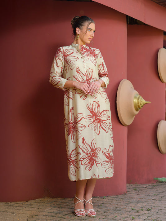 Printed midi dress with mandarin collar