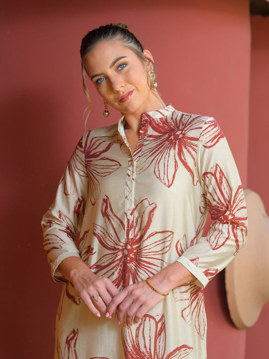 Printed midi dress with mandarin collar