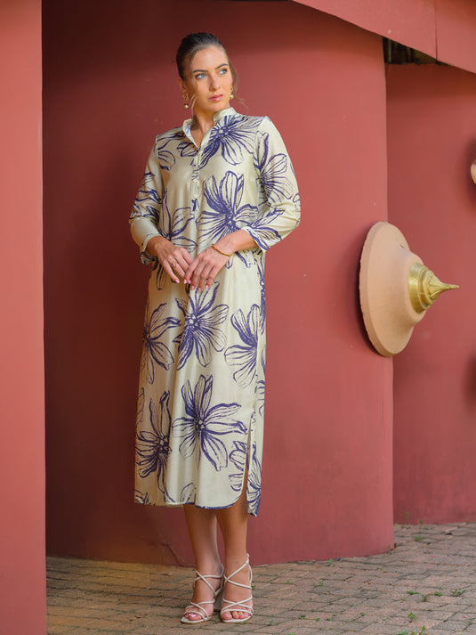 Printed midi dress with mandarin collar
