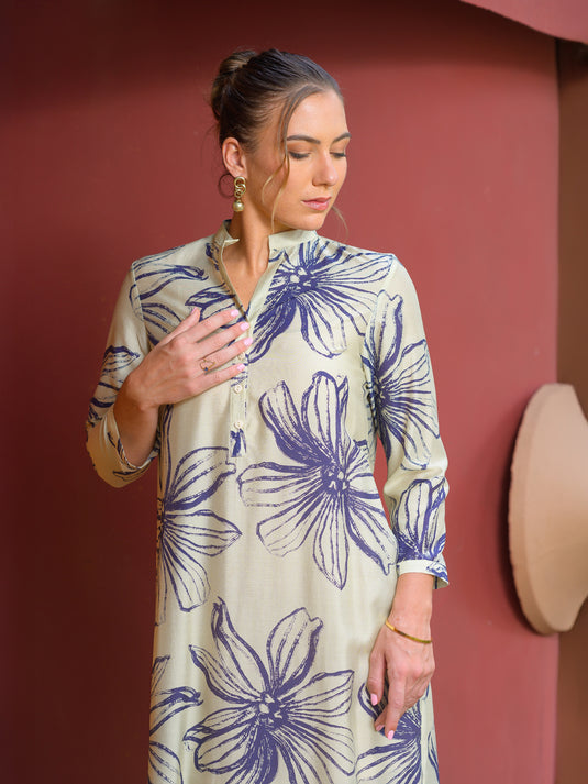 Printed midi dress with mandarin collar