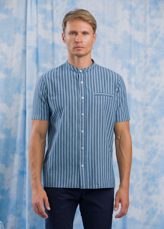 MANDERIN COLLAR S/S SHIRT WITH WELT PKT