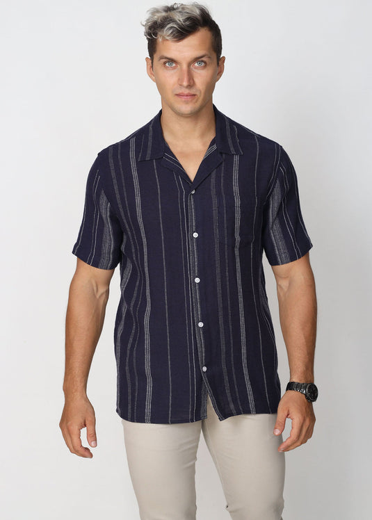Casual Wear Stripe Cuban Collar S/S Shirt