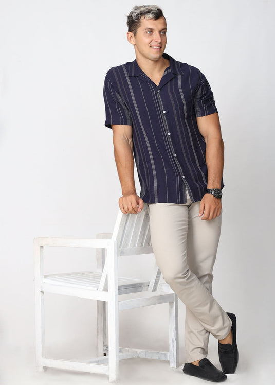 Casual Wear Stripe Cuban Collar S/S Shirt