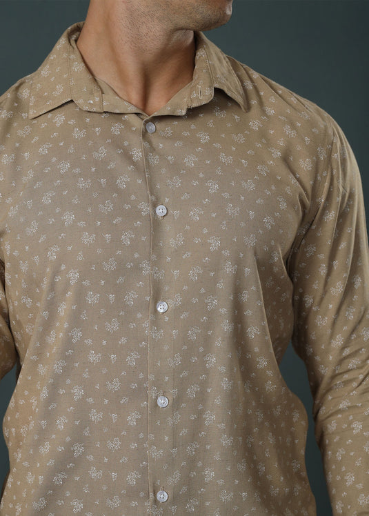 Beige Printed Casual L/S Shirt