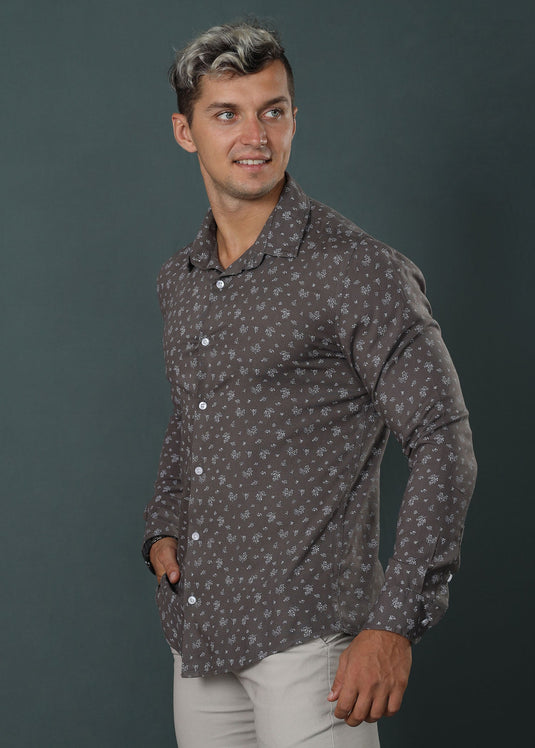 Grey Printed Casual L/S Shirt