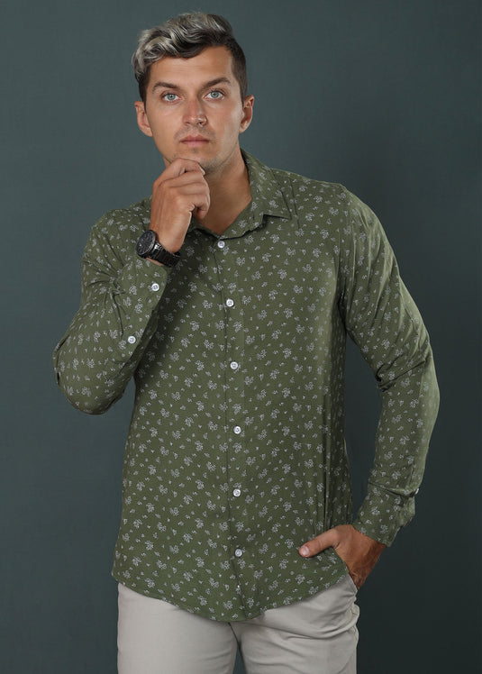 Olive Printed Casual L/S Shirt