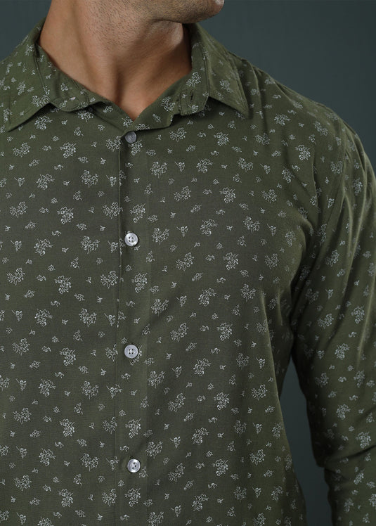 Olive Printed Casual L/S Shirt