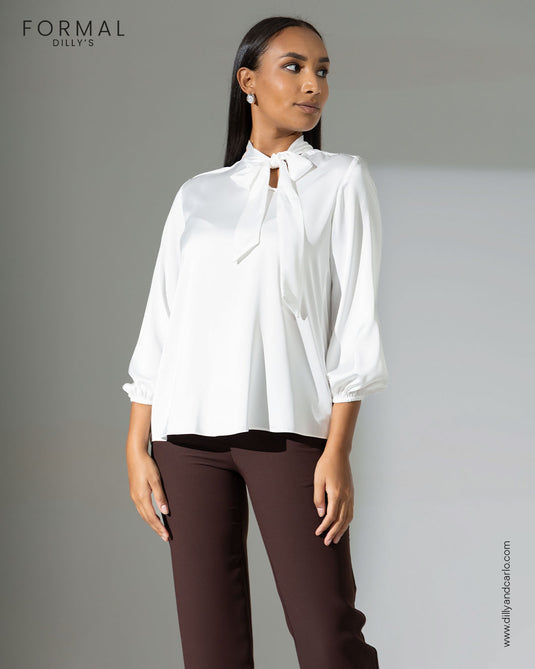 Puff sleeve blouse with neck tie