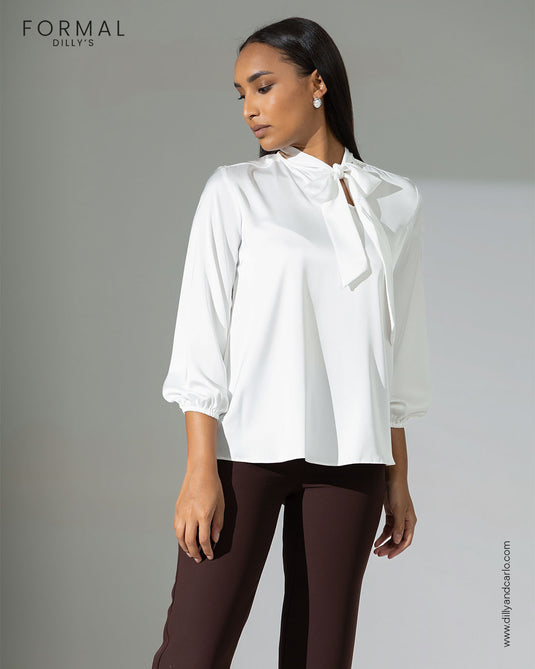 Puff sleeve blouse with neck tie