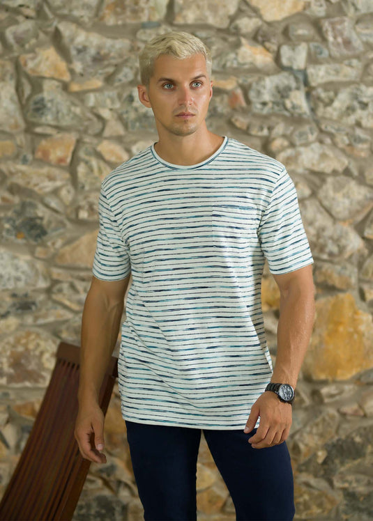 Stripe Crew Neck  T-Shirt With PKT