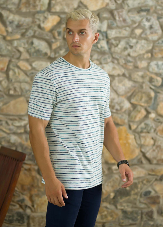 Stripe Crew Neck  T-Shirt With PKT