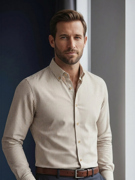 Semi Formal Stripe  Long Sleeve Shirt - Brown Strip